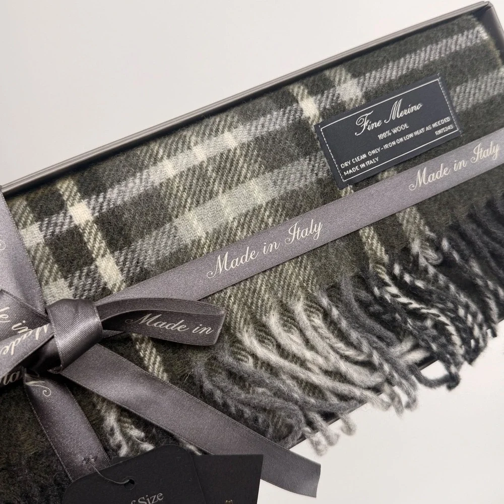 Linea Emmeti 100% Merino Wool Plaid Scarf Olive Green Made‎ in Italy 12x71 NIB